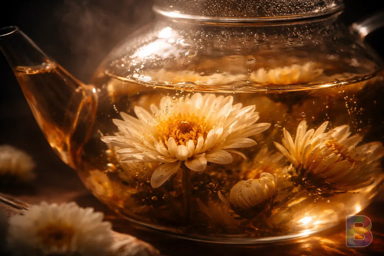 photorealistic, detail shot of brewing chrysanthemum tea, flowers expanding in hot water, macro photography, high contrast, warm light