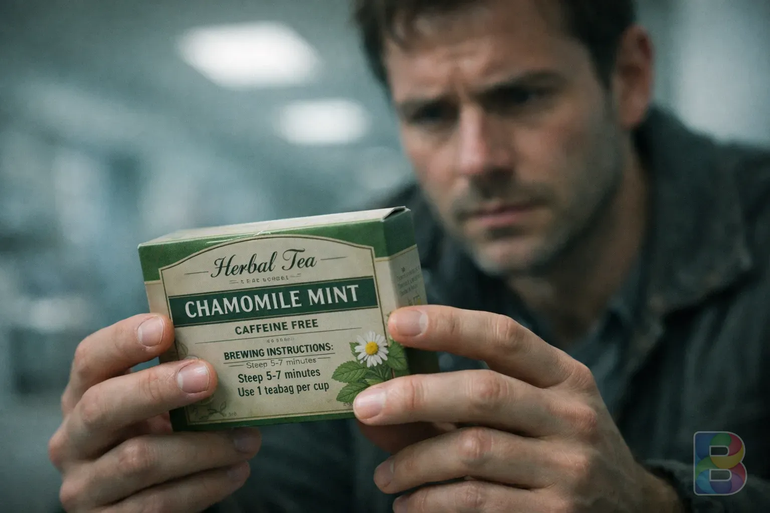 photorealistic, person looking at a tea label with a cautious expression, soft clinical lighting, focus on the label and hands