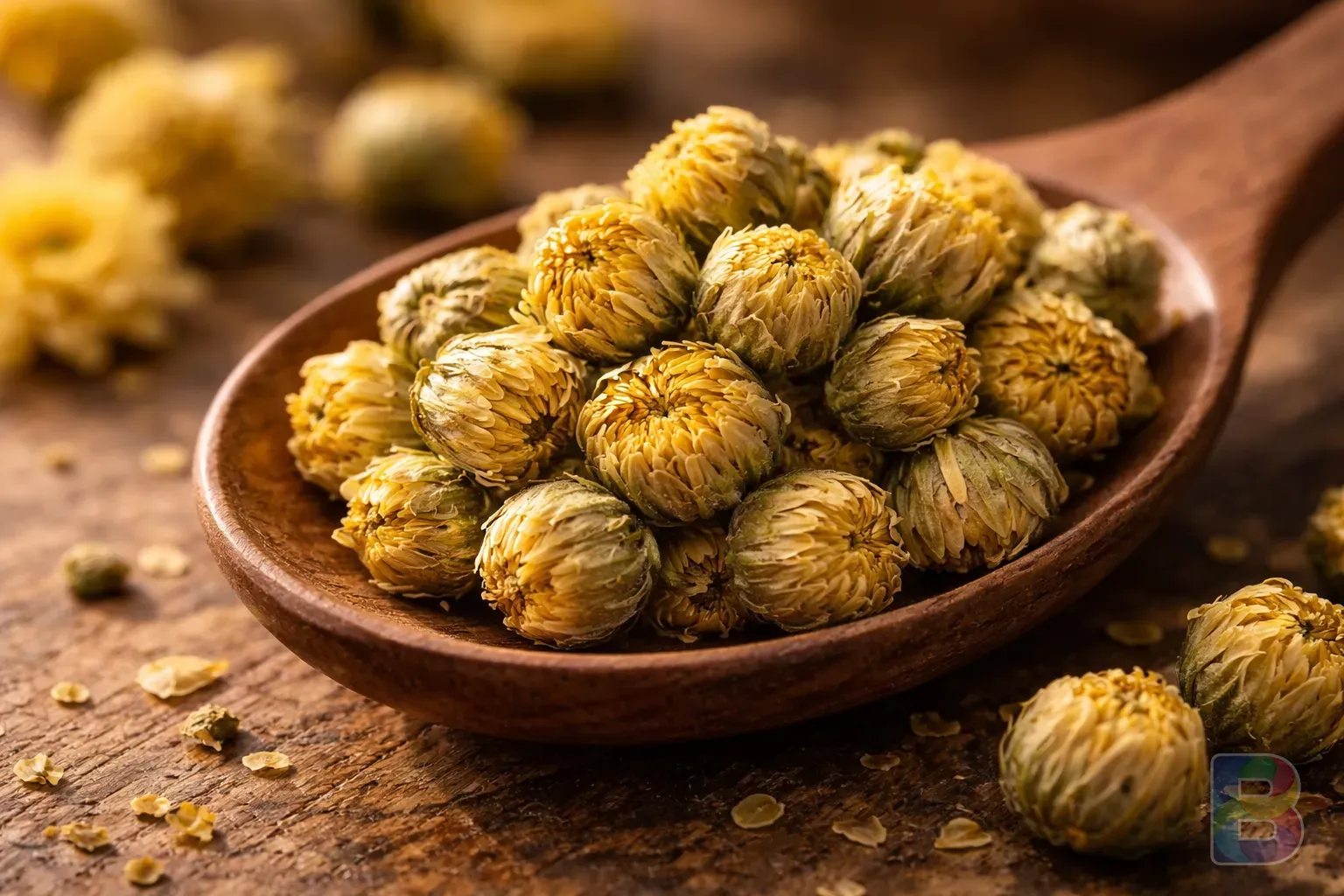 photorealistic, macro shot of dried yellow chrysanthemum buds on a wooden spoon, high detail, natural light, herbal medicine aesthetic
