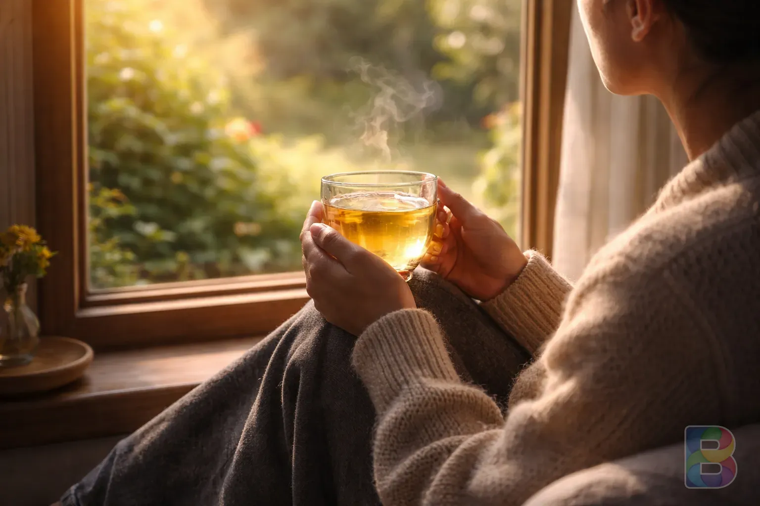 photorealistic, a person sitting by a window holding a warm glass of tea, looking out at a garden, peaceful atmosphere, cinematic lighting