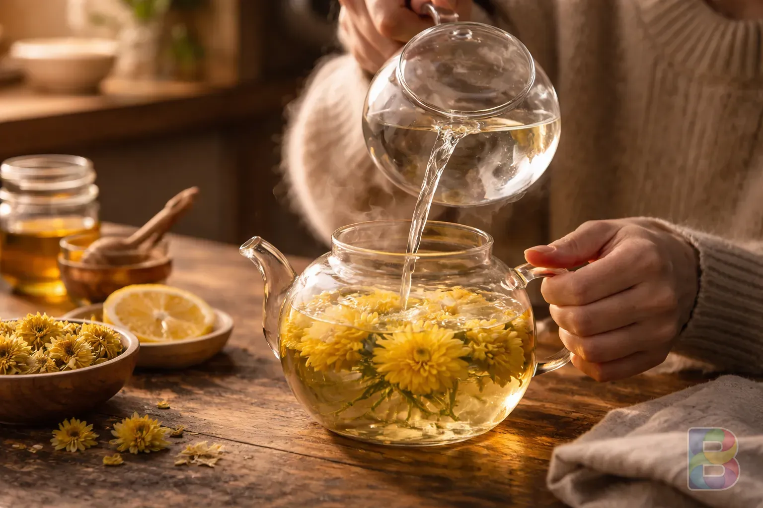 photorealistic, lifestyle shot of a person pouring hot water over yellow chrysanthemum flowers in a glass teapot, wooden table, cozy interior, soft lighting