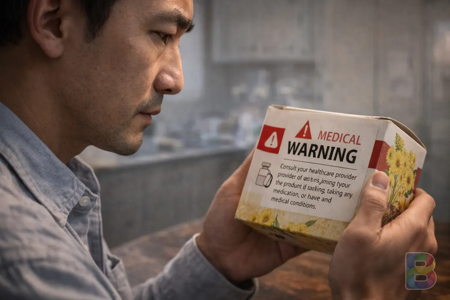 photorealistic, detailed shot of a person looking at a medical warning label on a tea box, concerned expression, soft clinical lighting