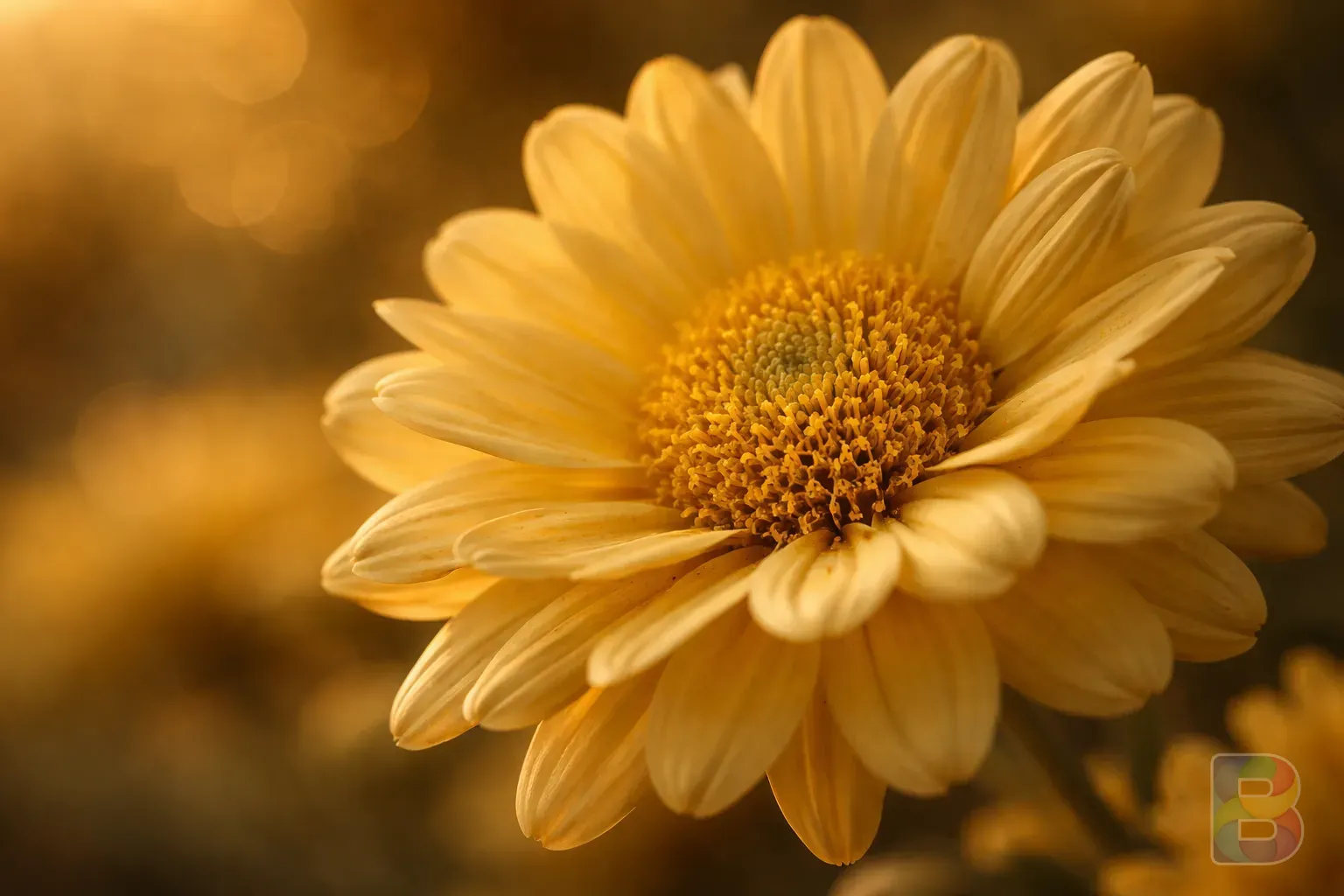 photorealistic, macro shot of a blooming chrysanthemum flower in golden hour lighting, pollen detail, vibrant yellow petals, soft bokeh background
