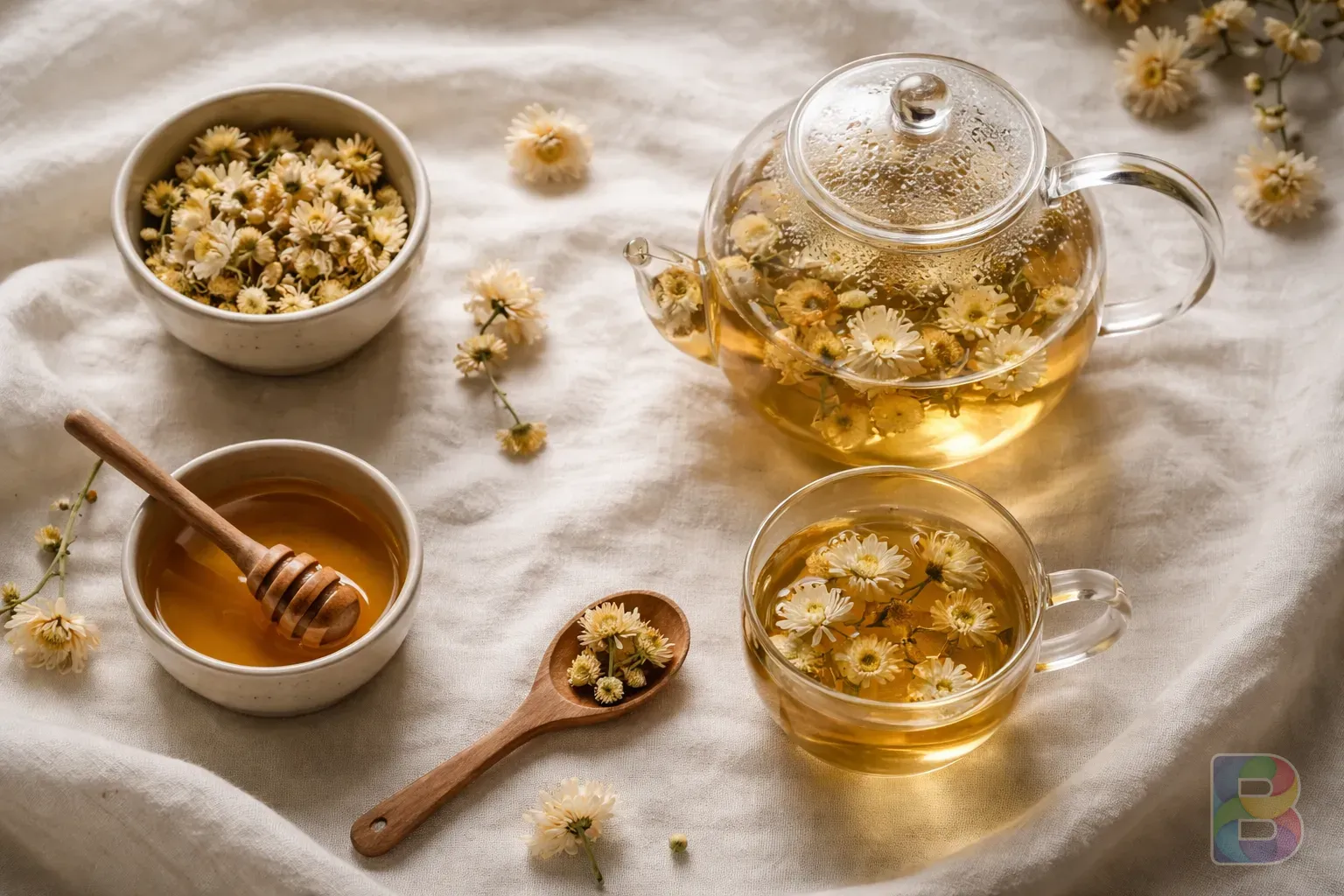 photorealistic, aesthetic overhead shot of a tea set with dried chrysanthemum flowers, honey, and a small wooden spoon, soft natural lighting, clean white linen background