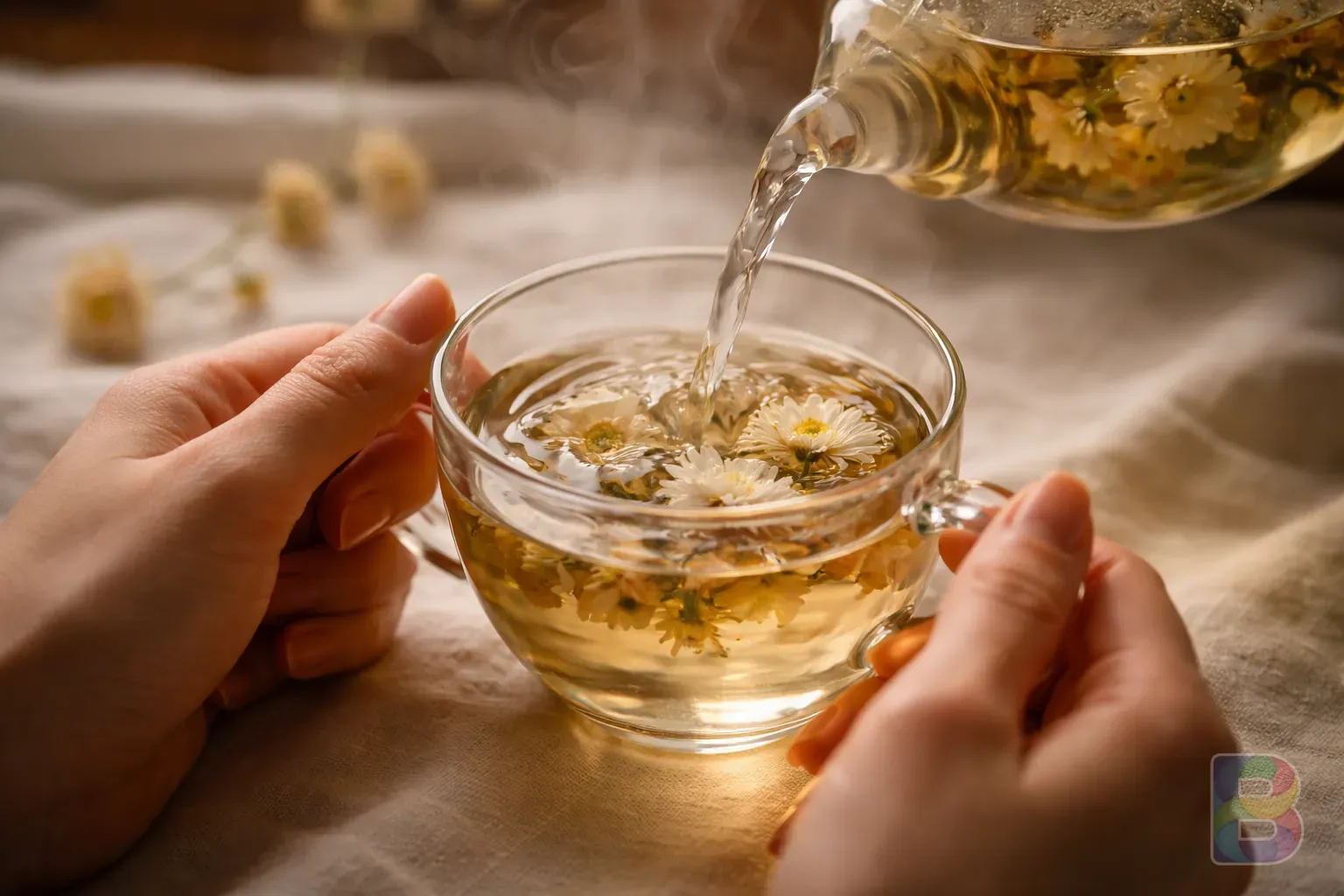 photorealistic, close-up of hands pouring hot water into a cup with 3-4 chrysanthemum flowers, water ripples, high detail, steam, warm lighting