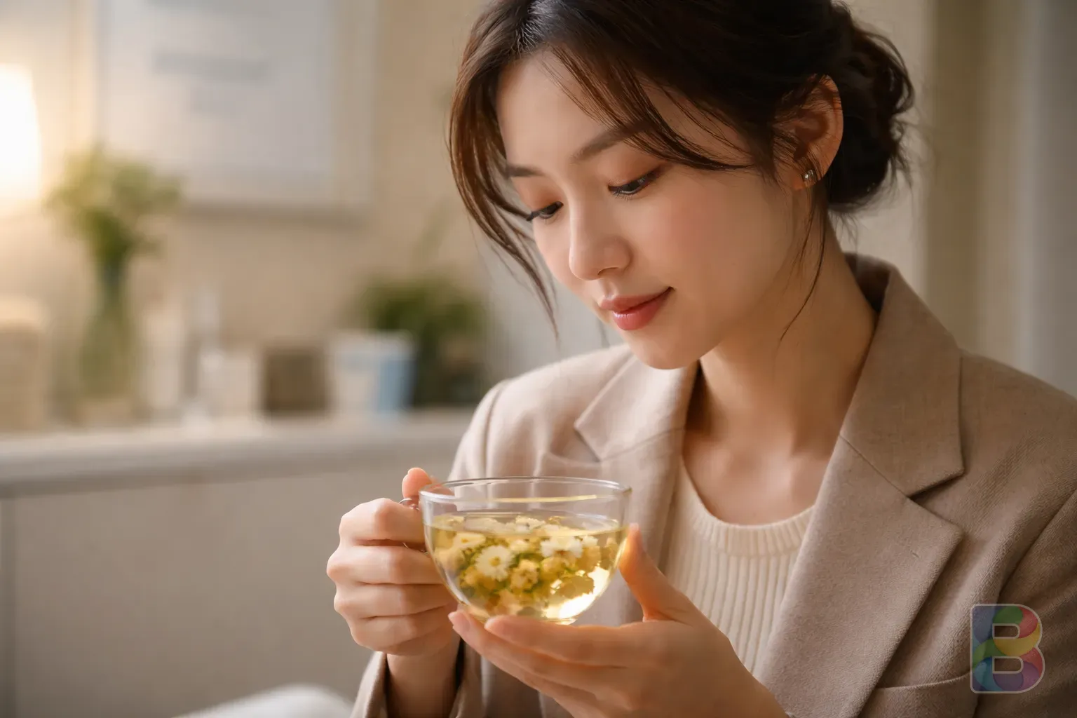 photorealistic, a person with a thoughtful expression looking at a cup of tea, blurred clinic background, professional yet gentle atmosphere, cinematic lighting