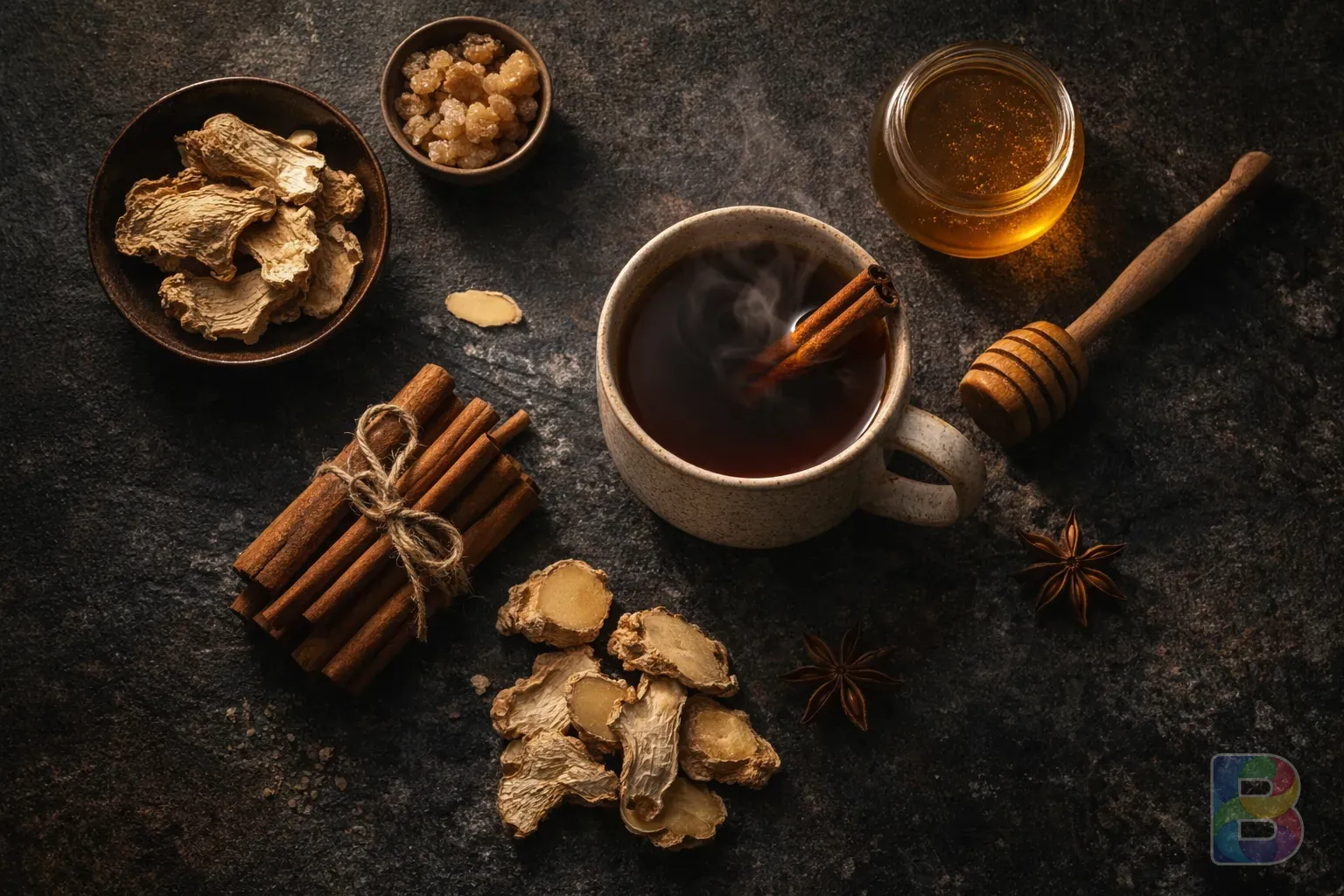 photorealistic, flat lay of cinnamon tea ingredients, dried ginger slices, honey, and cinnamon sticks on a dark stone surface, moody lighting
