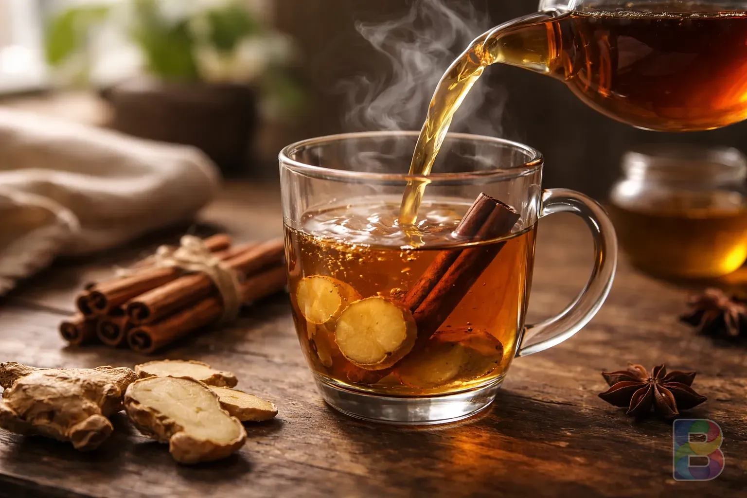 photorealistic, cinematic shot of pouring warm cinnamon ginger tea into a clear glass, steam rising beautifully, soft window light, blurred background
