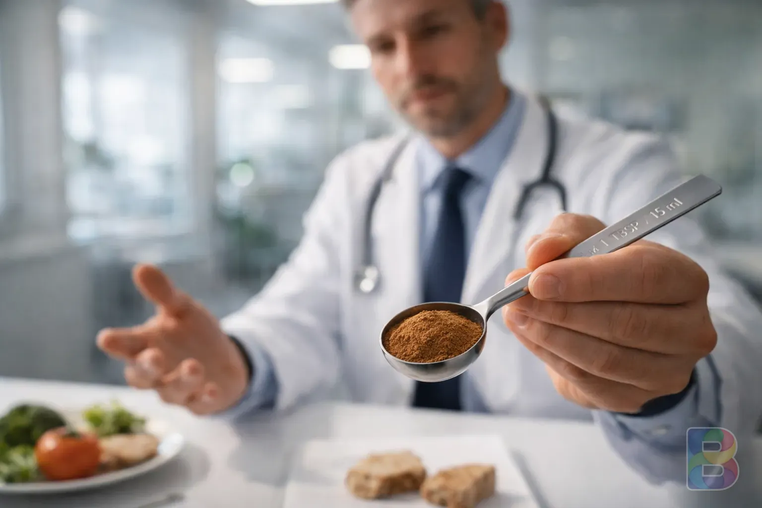 photorealistic, professional doctor explaining food safety, focus on a measuring spoon with cinnamon powder, clean clinical environment, soft lighting