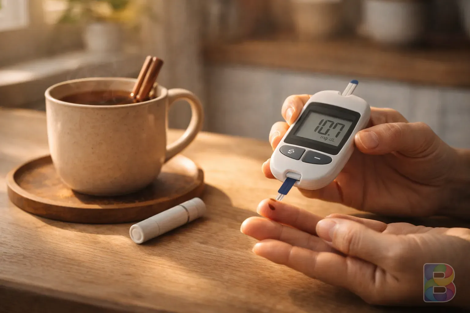 photorealistic, a person measuring their blood sugar level next to a glass of cinnamon tea, clinical yet warm home environment, cinematic lighting