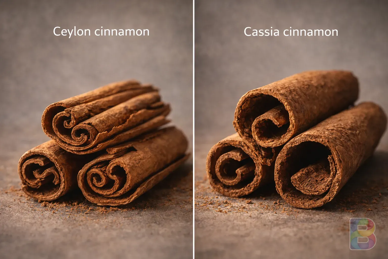 photorealistic, side-by-side comparison of Ceylon cinnamon (thin layers) and Cassia cinnamon (thick bark), clear labeling, neutral background, high detail