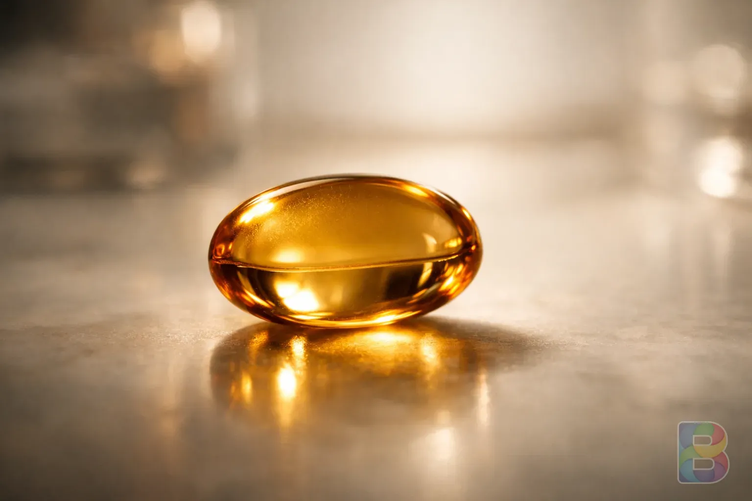photorealistic, high-detail macro shot of a single golden oil capsule reflecting light, clean clinical background, warm tones, cinematic lighting
