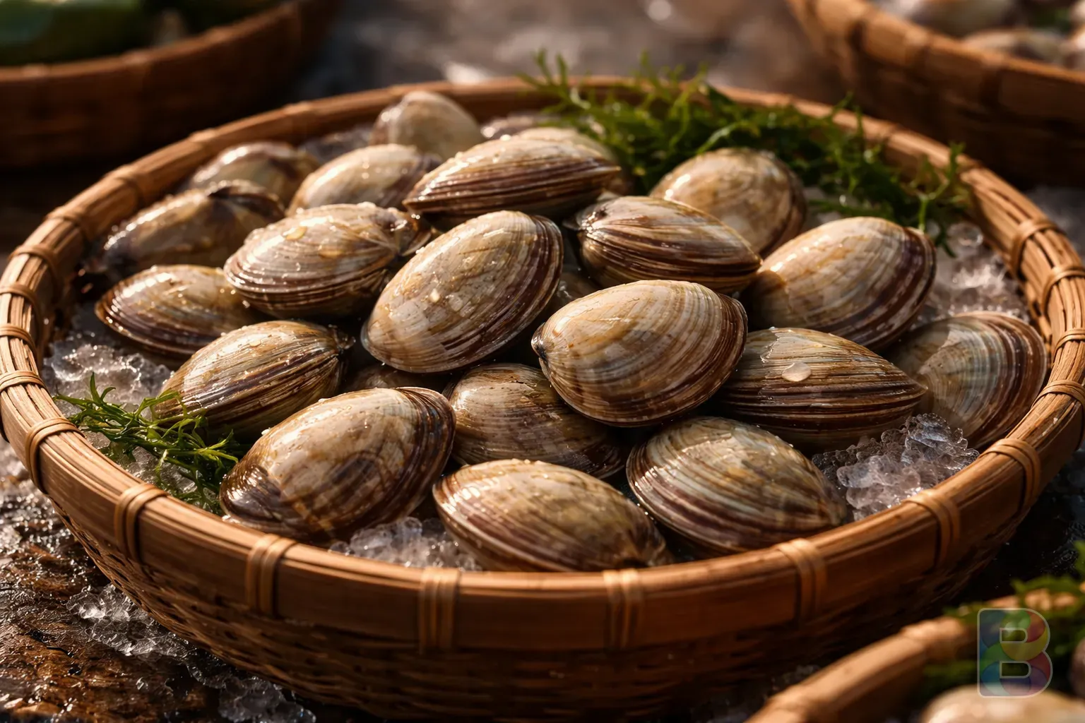 photorealistic, fresh clams in a wooden basket at a traditional market, glistening with sea water, natural morning light, macro photography, cinematic feel