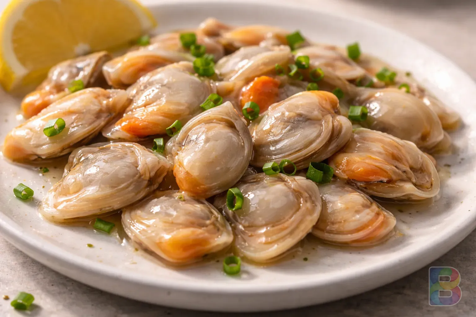 photorealistic, detail shot of sliced clams on a white plate, highlighting texture, soft studio lighting, clean aesthetic, high resolution