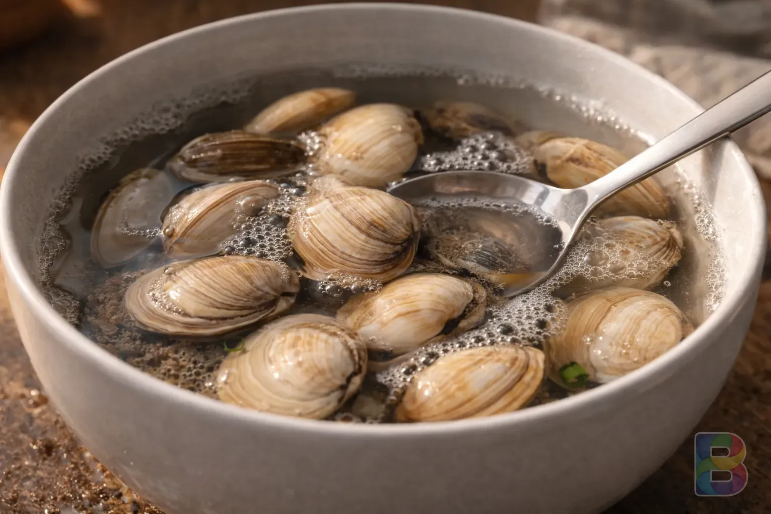 photorealistic, close-up of clams in a bowl of salt water for sand removal (haegam), metallic spoon inside, bubbles on water surface, soft kitchen light