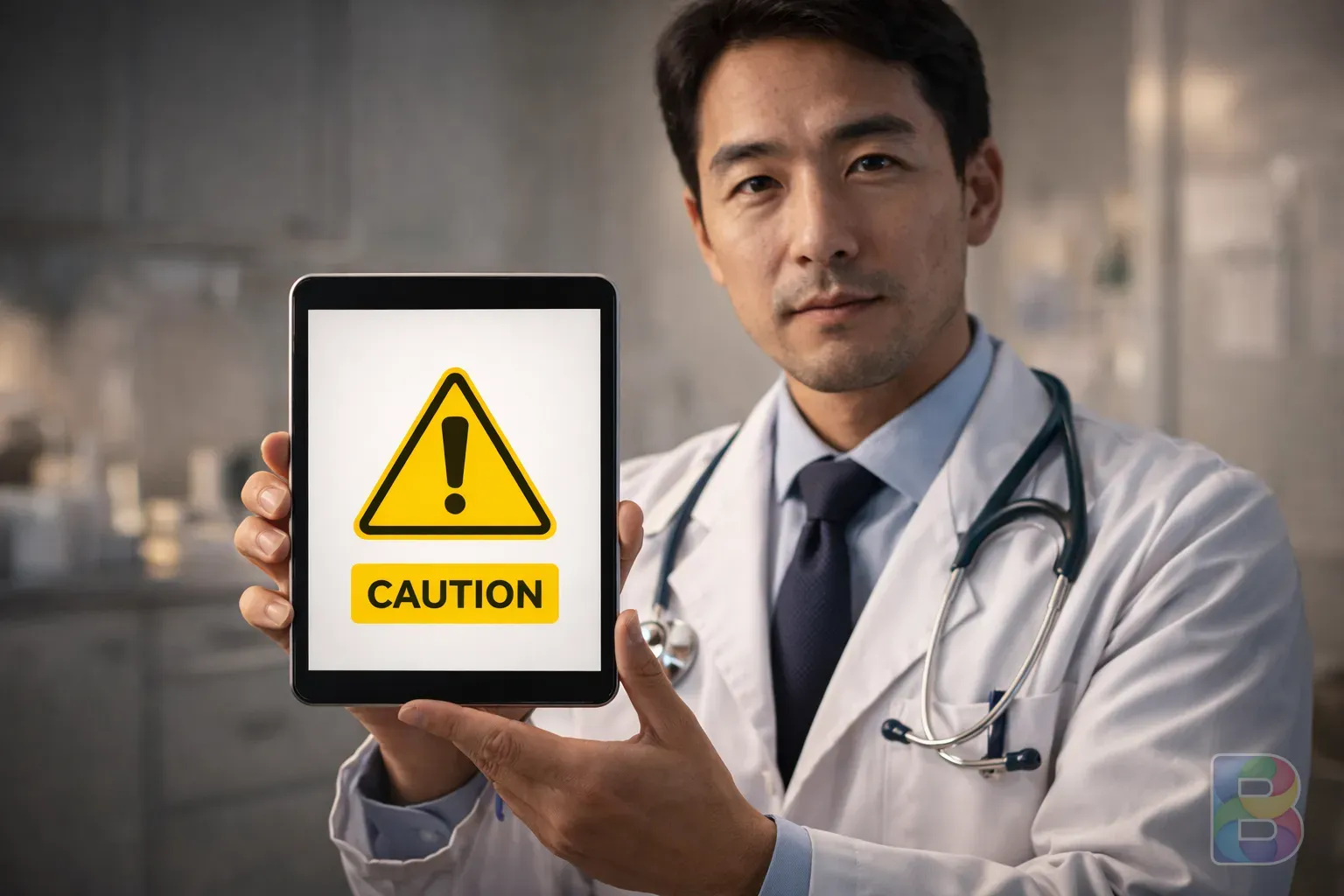 photorealistic, doctor holding a digital tablet with a 'caution' sign, clinical background, professional yet empathetic expression, cinematic lighting