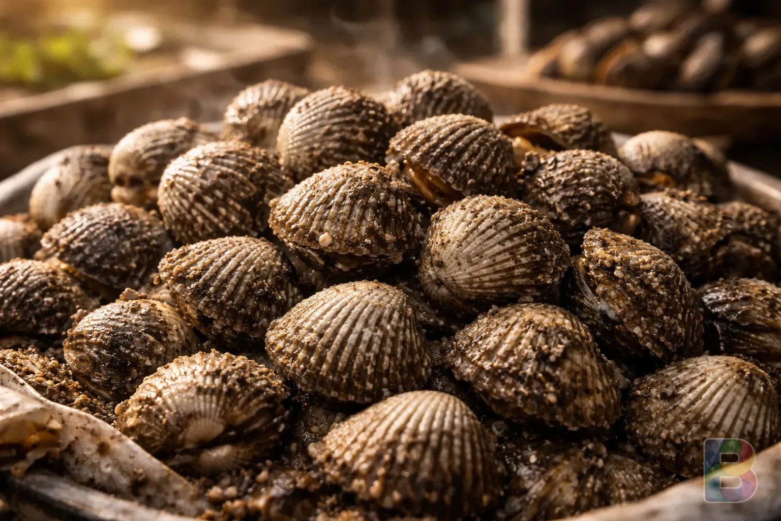 photorealistic, detail shot of a pile of raw cockles with mud on them, texture of the shells, natural morning light on a traditional market stand