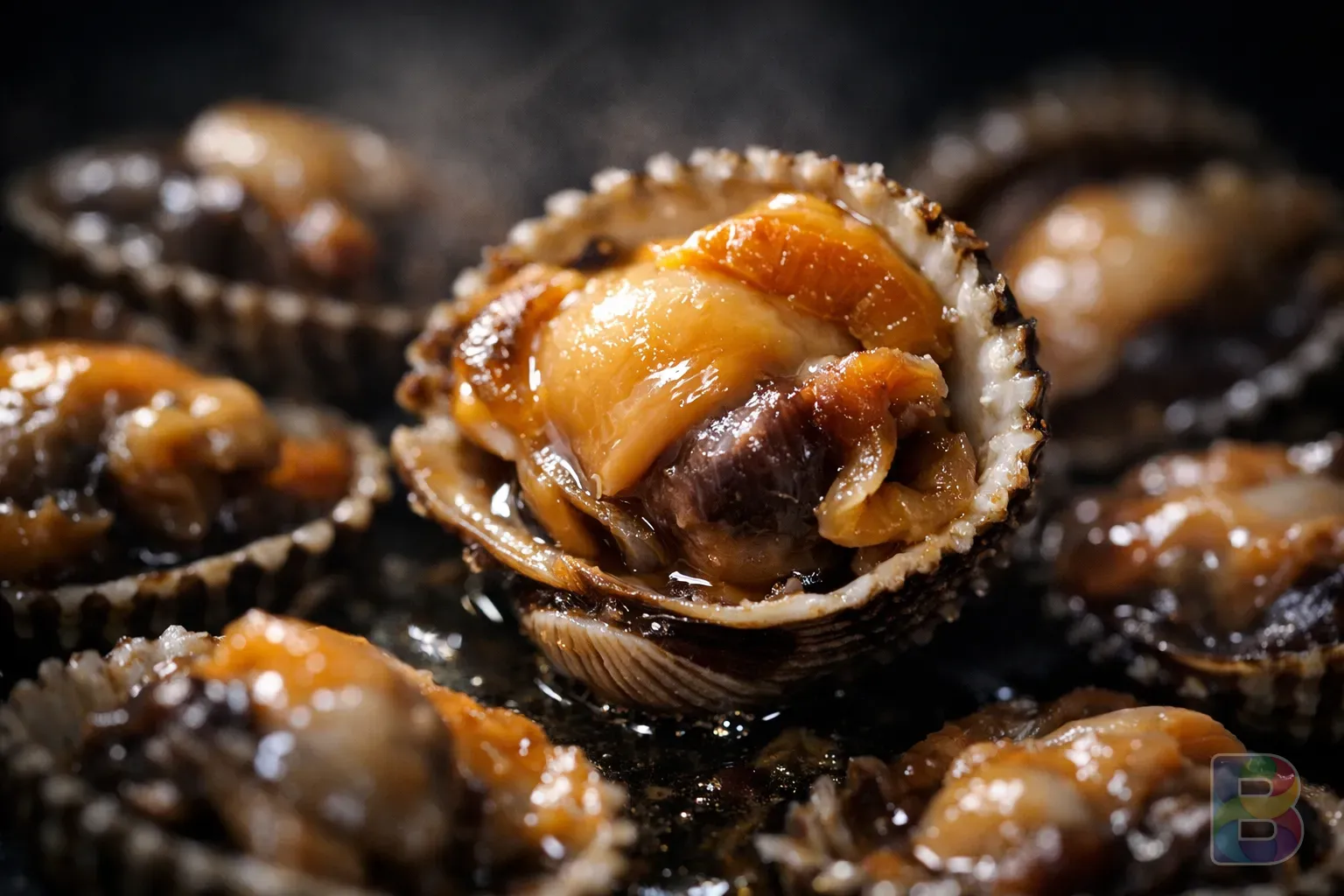photorealistic, macro photography of steamed cockle meat, juicy texture, dark background, professional food styling, dramatic lighting