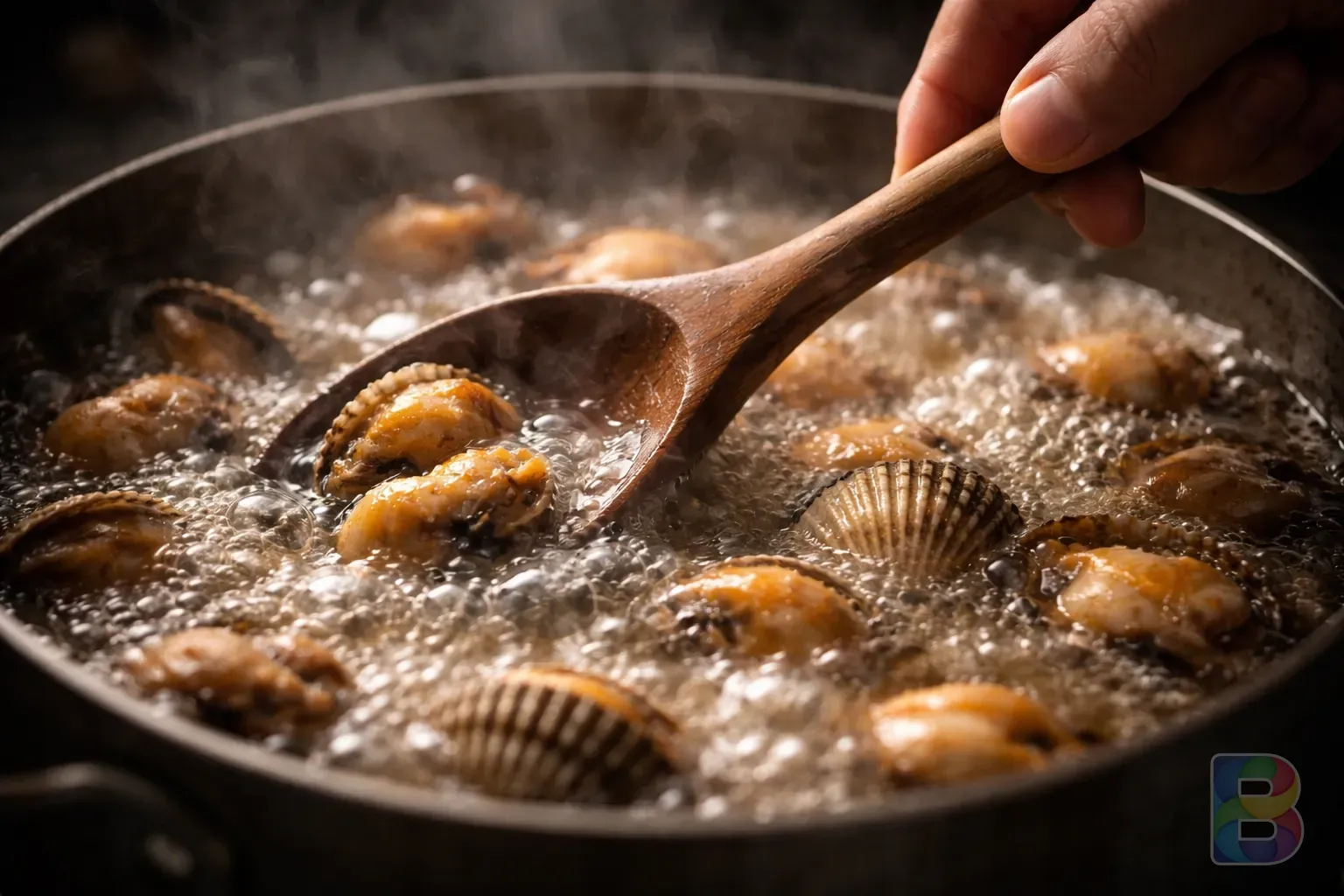 photorealistic, close-up of a hand stirring cockles in a pot of simmering water with a wooden spoon, steam, bubbles, motion blur