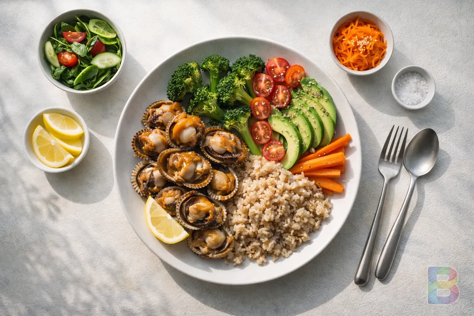 photorealistic, professional flat lay of a balanced meal with cockles, vegetables, and brown rice, clean minimalist aesthetic, bright natural light