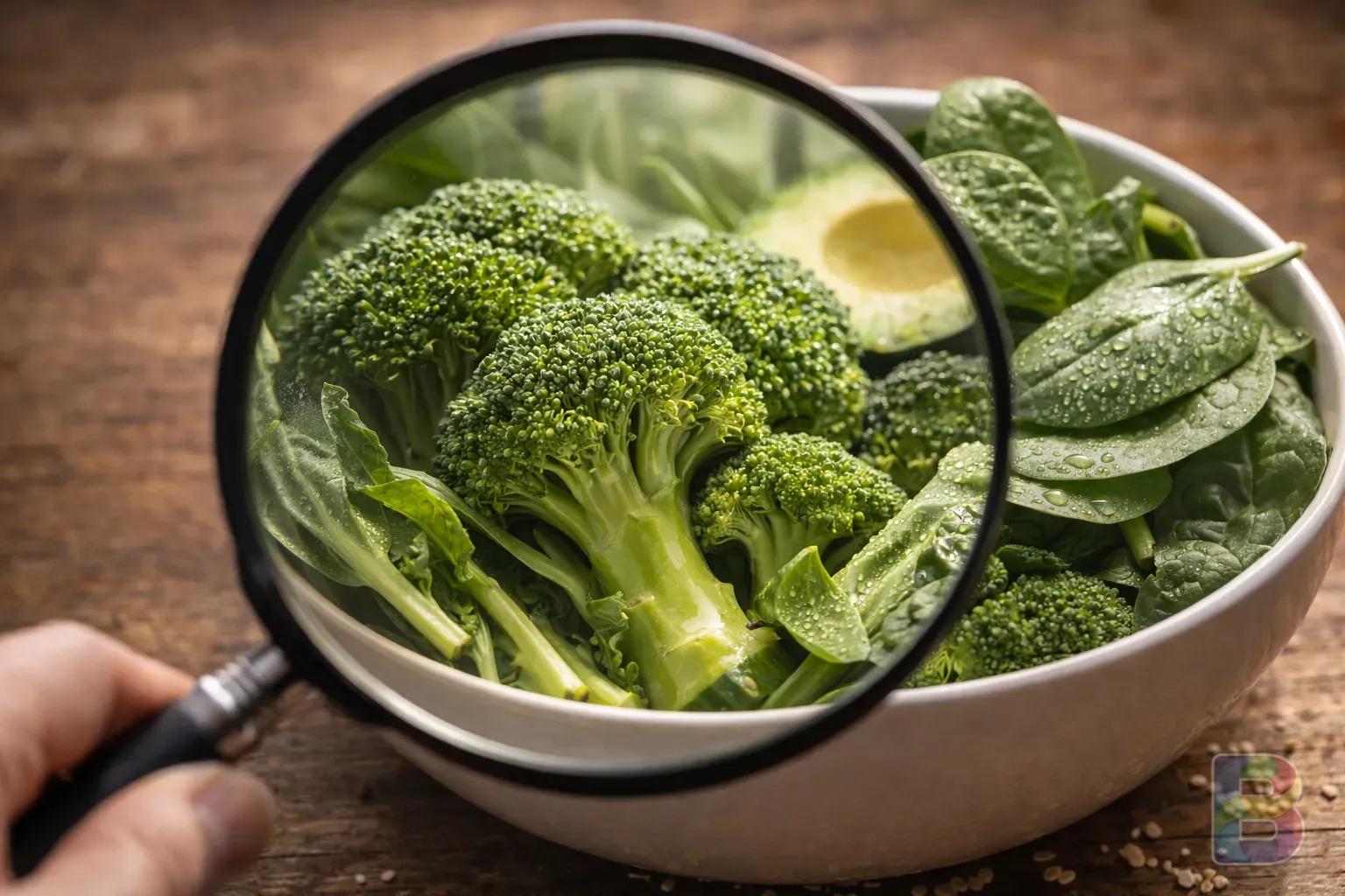 photorealistic, close-up of a magnifying glass over a bowl of fresh green vegetables, clinical yet warm lighting, high detail