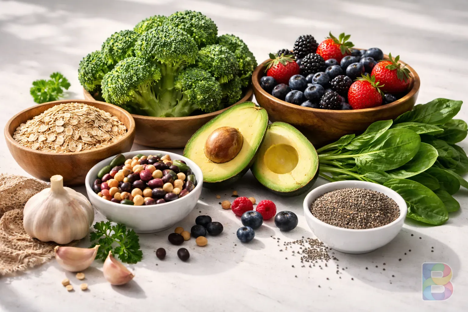 photorealistic, a vibrant arrangement of the 7 superfoods for colon health on a clean white surface, soft shadows, high resolution