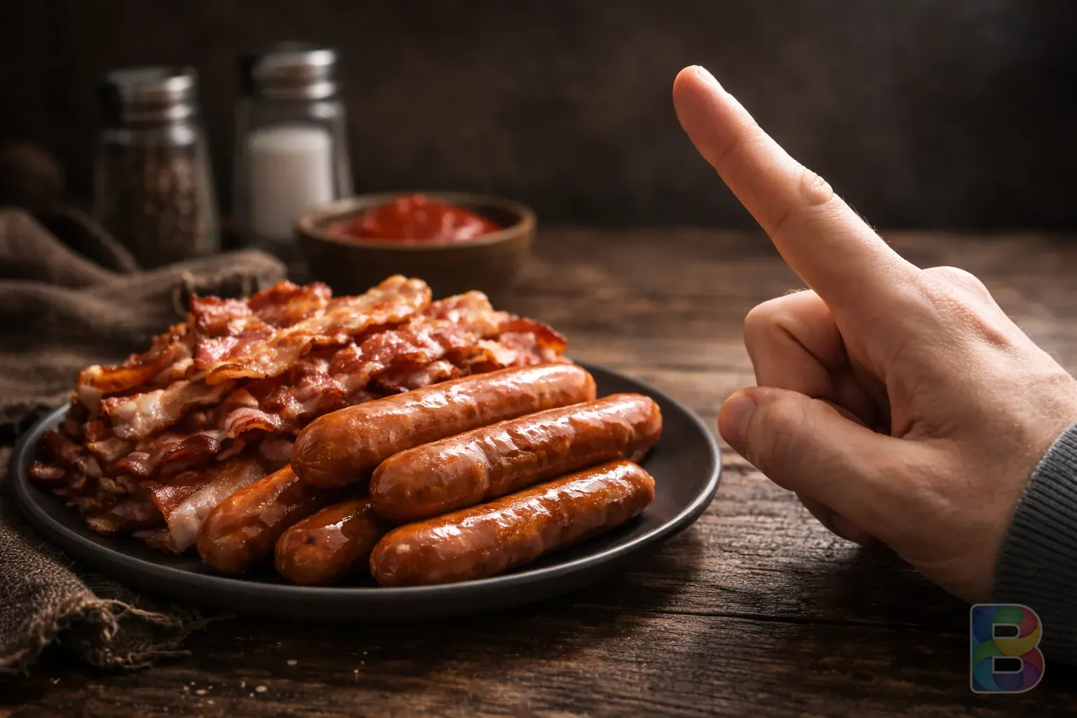 photorealistic, a hand pointing away from a plate of processed sausages and bacon, dark moody background, caution vibes