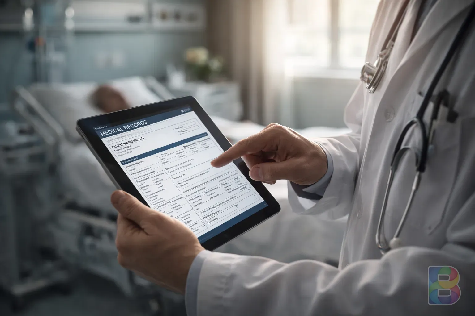 photorealistic, a doctor reviewing a patient's medical records on a tablet in a bright modern hospital room, cinematic lighting