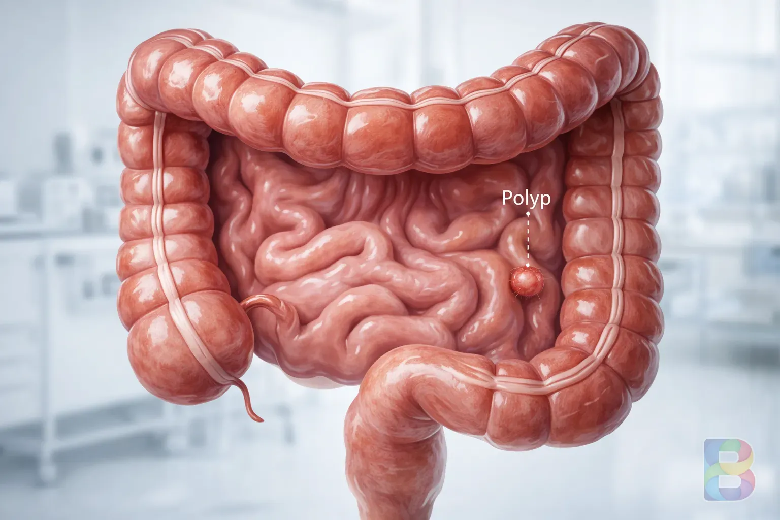 photorealistic, a detailed medical illustration of the human colon showing a small polyp, clean clinical background, professional medical visualization