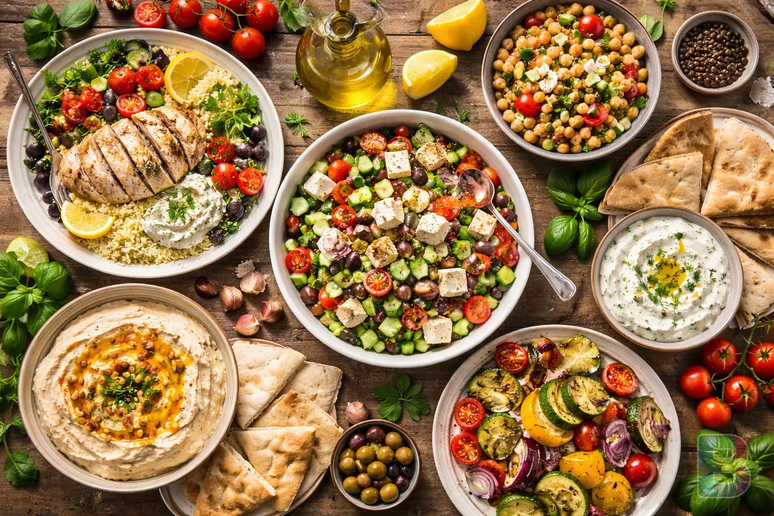 photorealistic, a top-down view of a healthy Mediterranean meal with colorful vegetables and olive oil on a wooden table, high detail food photography