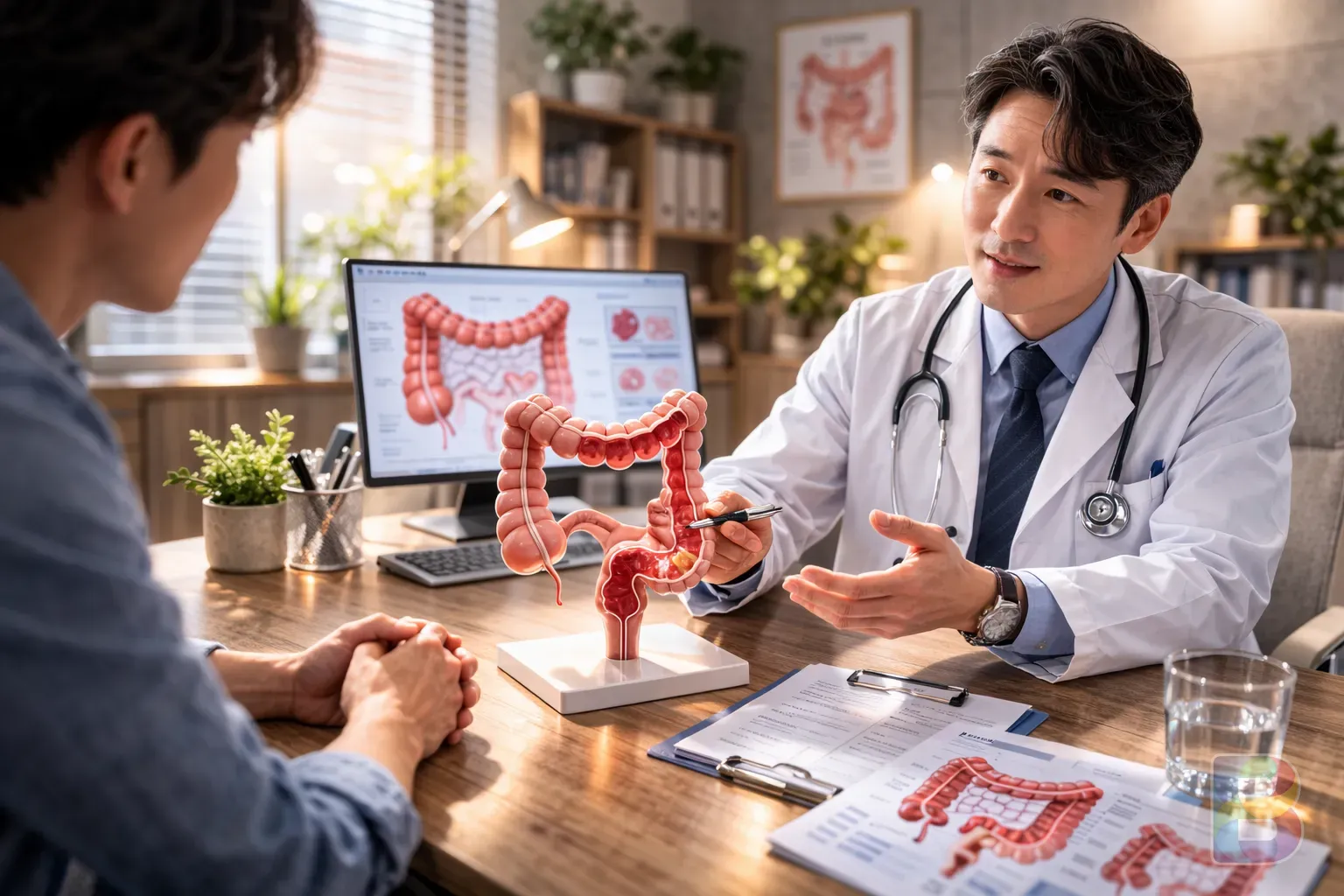 photorealistic, a patient sitting in a doctor's office with a 3D model of the colon on the desk, cinematic lighting, reassuring atmosphere