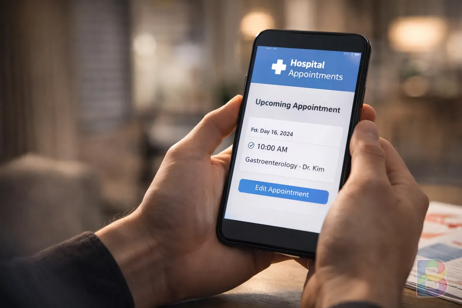 photorealistic, a person's hands holding a smartphone displaying a hospital appointment app, soft focus background, cinematic lighting