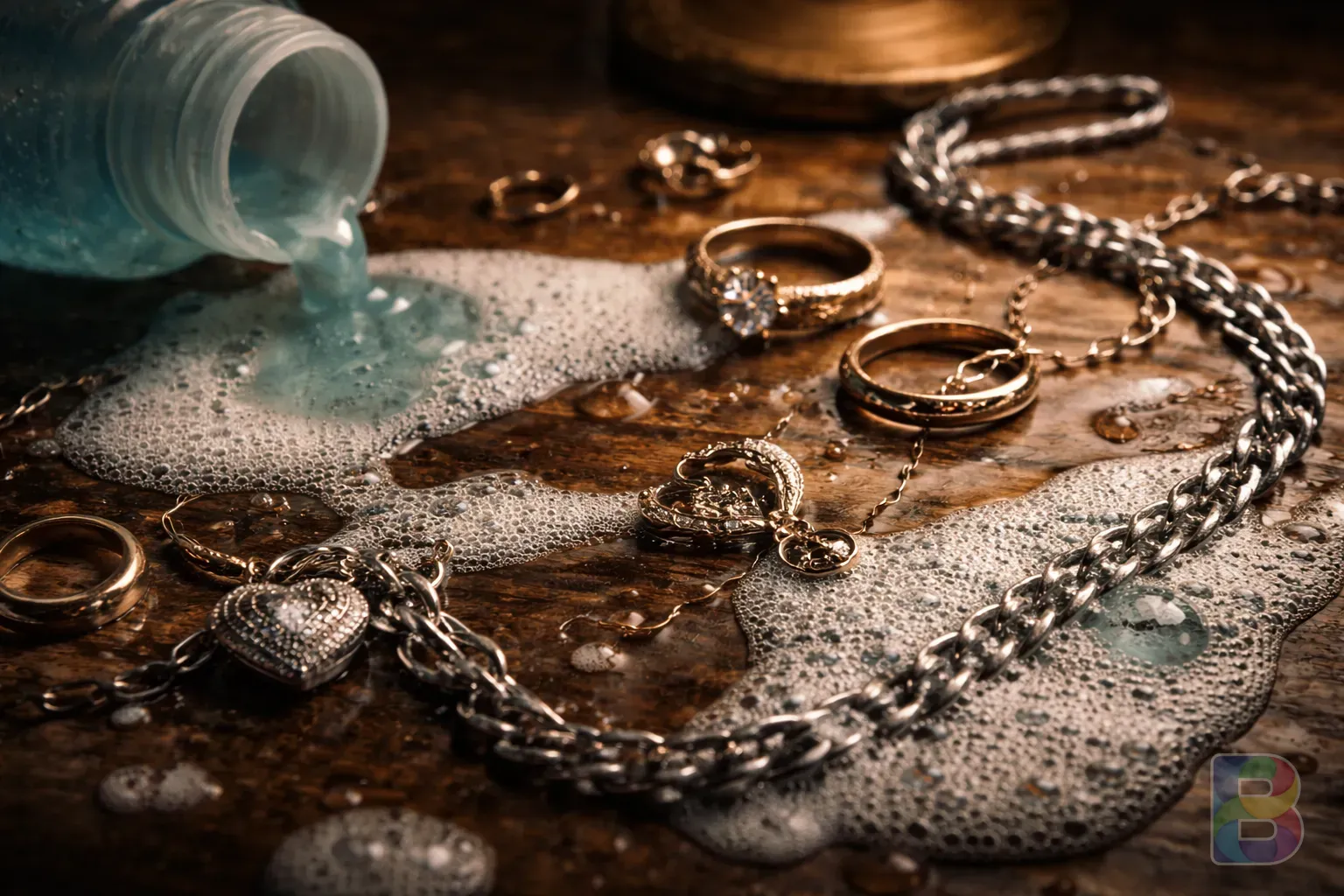photorealistic, macro shot of liquid detergent and various metal jewelry on a wooden surface, cinematic lighting, sharp focus on textures