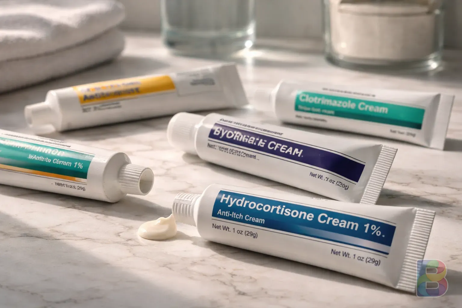 photorealistic, close-up of various dermatological ointment tubes on a white marble counter, soft morning light, clinical but clean aesthetic