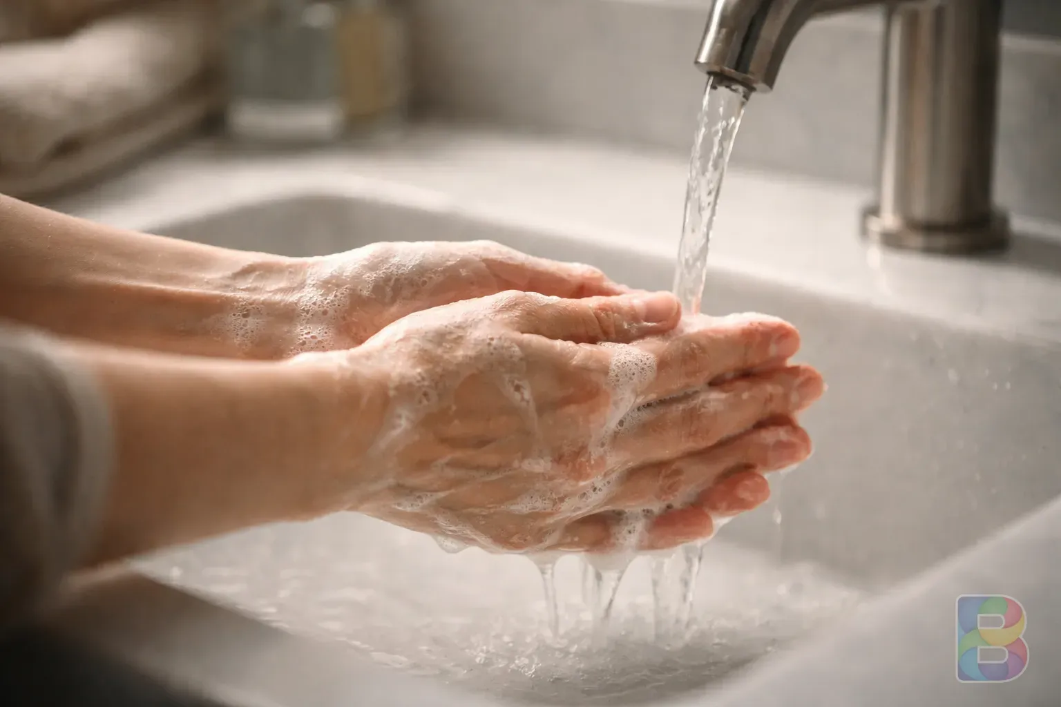 photorealistic, a person washing hands with very gentle water flow, soft focus, calming and clean environment, cinematic lighting