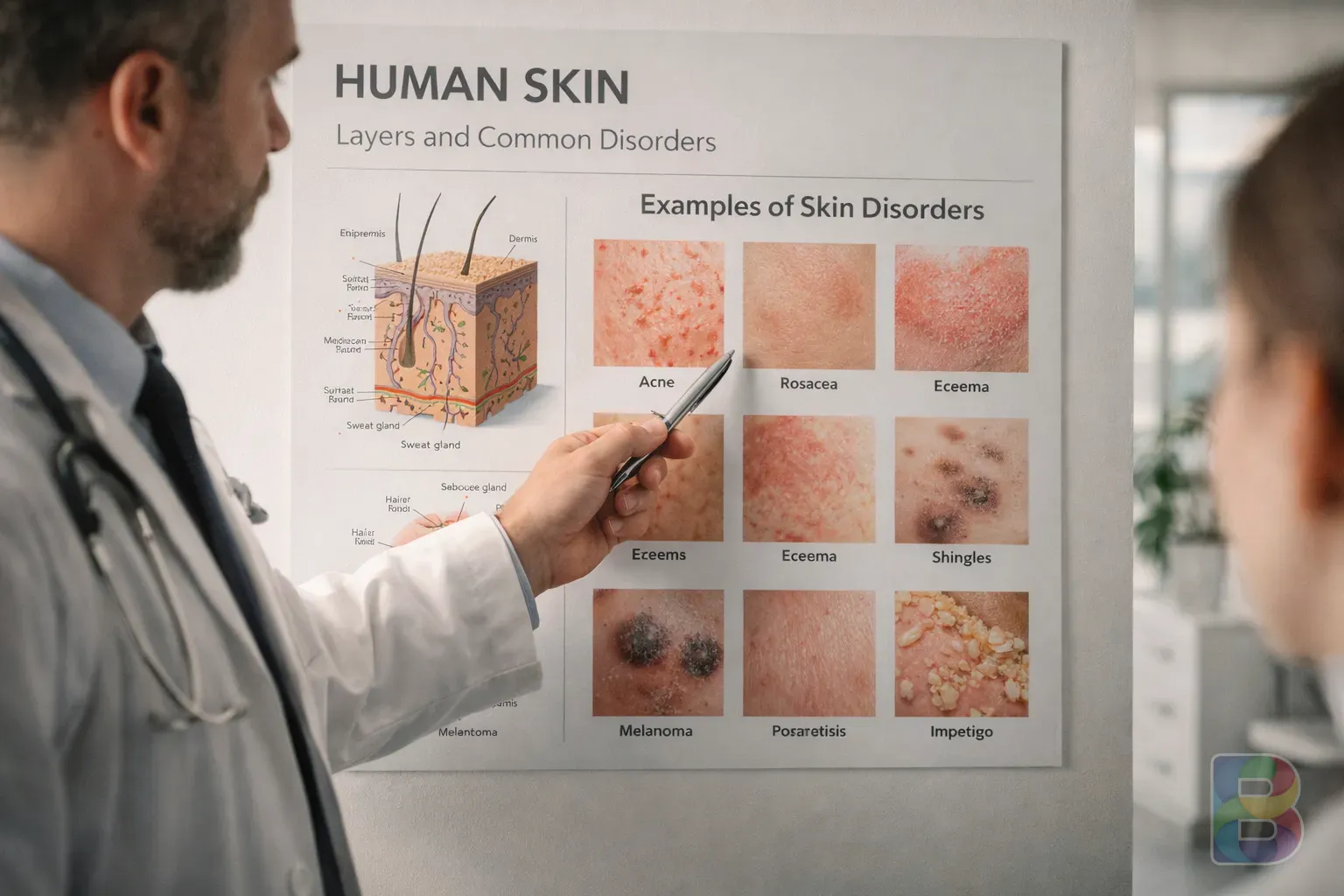 photorealistic, a doctor pointing to a skin chart in a bright modern clinic, professional and reassuring atmosphere, cinematic lighting
