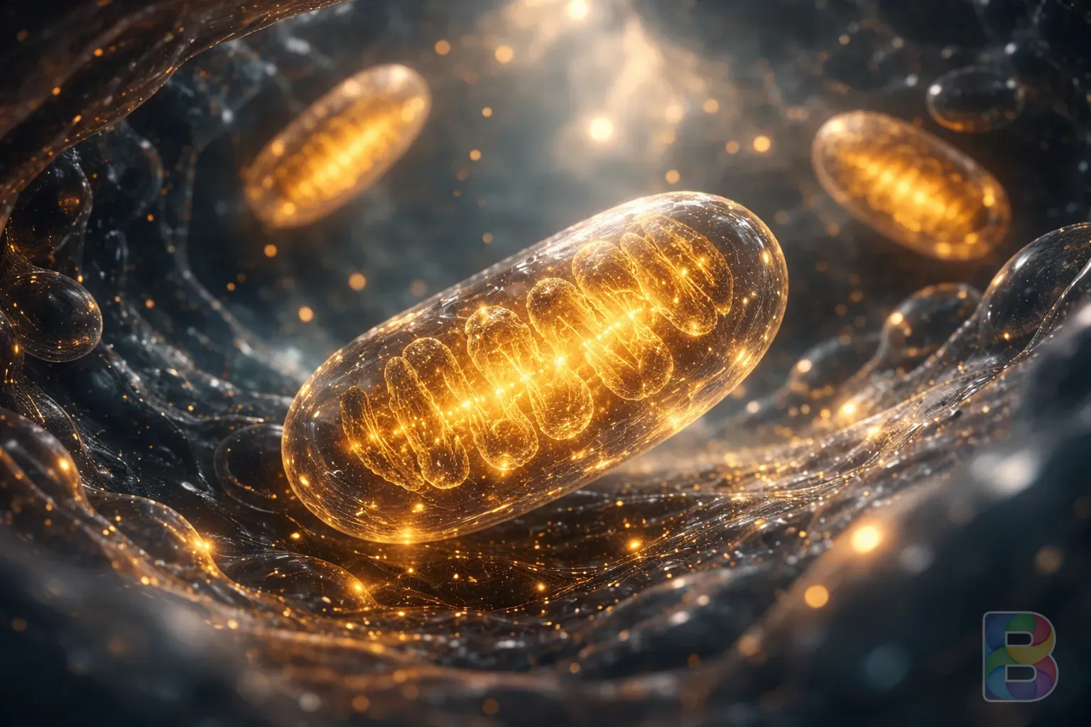 photorealistic, artistic visualization of mitochondria inside a cell glowing with golden energy, deep blue and gold tones, cinematic lighting, scientific but aesthetic