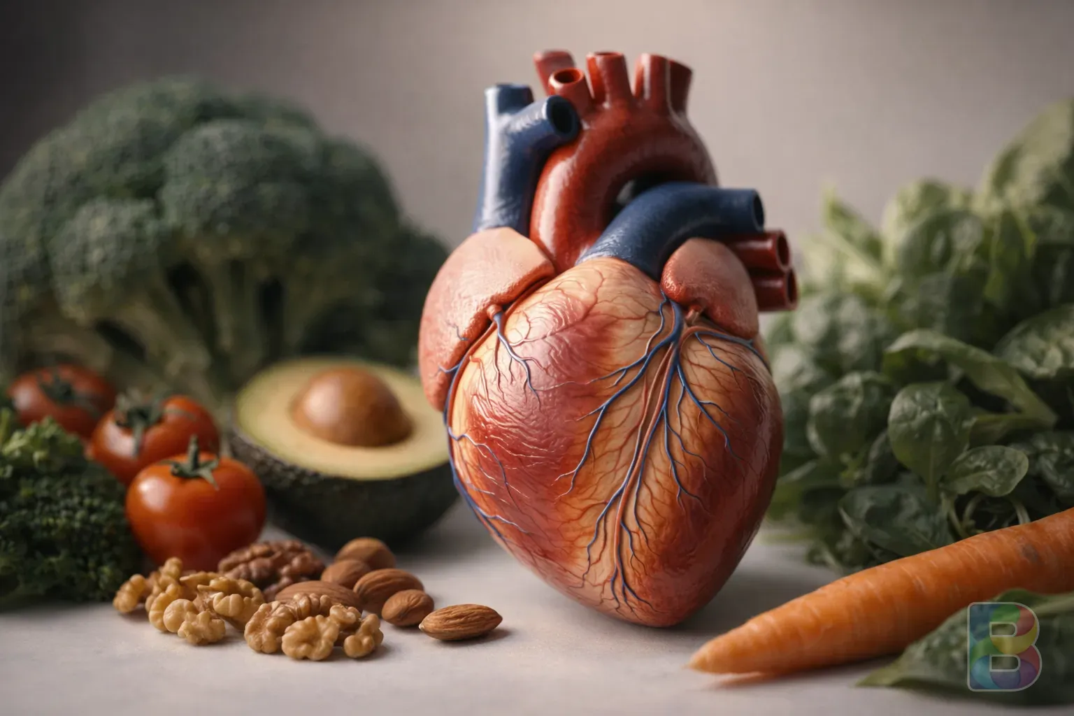 photorealistic, detail shot of a healthy heart anatomical model surrounded by fresh vegetables and nuts, soft studio lighting, clean and professional