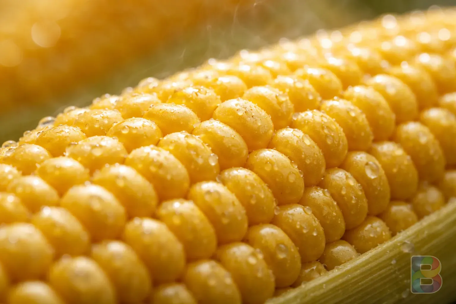 photorealistic, macro shot of golden corn kernels, glistening with moisture, vibrant yellow colors, soft natural light, shallow depth of field