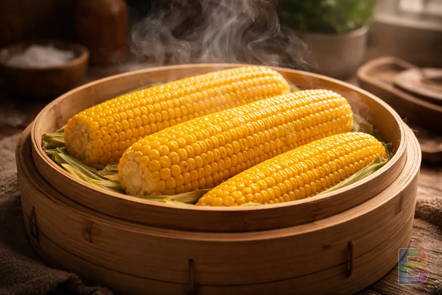 photorealistic, a traditional bamboo steamer with corn inside, steam rising, kitchen background, soft focus, cinematic lighting