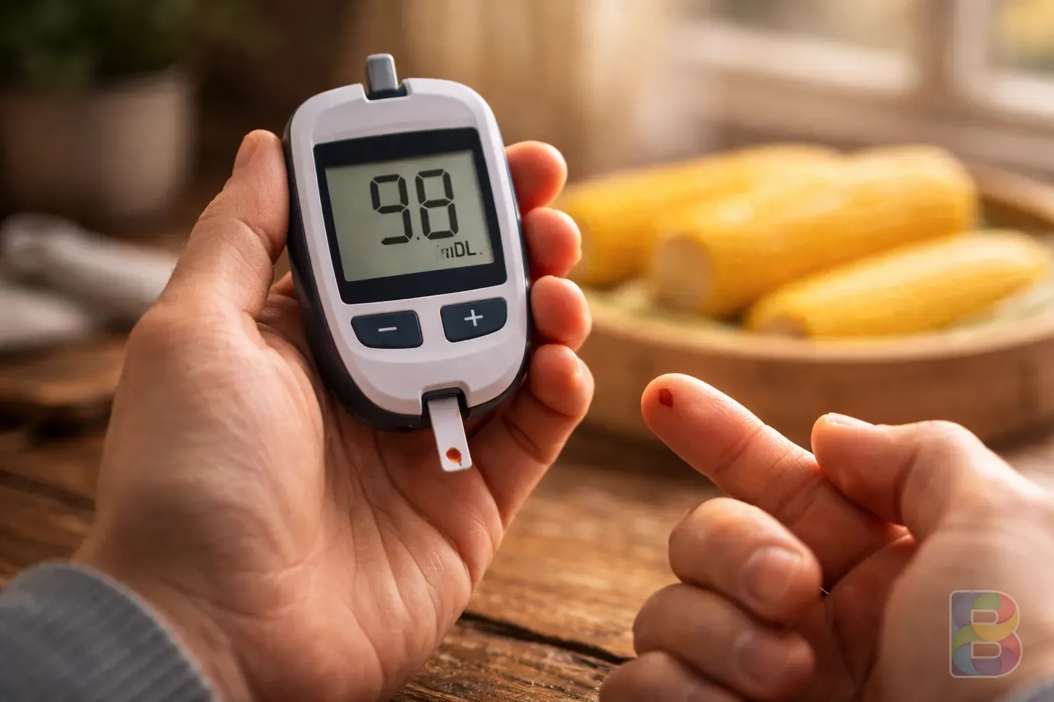 photorealistic, close-up of a person checking blood sugar with a glucometer, corn in the background out of focus, clinical but soft lighting