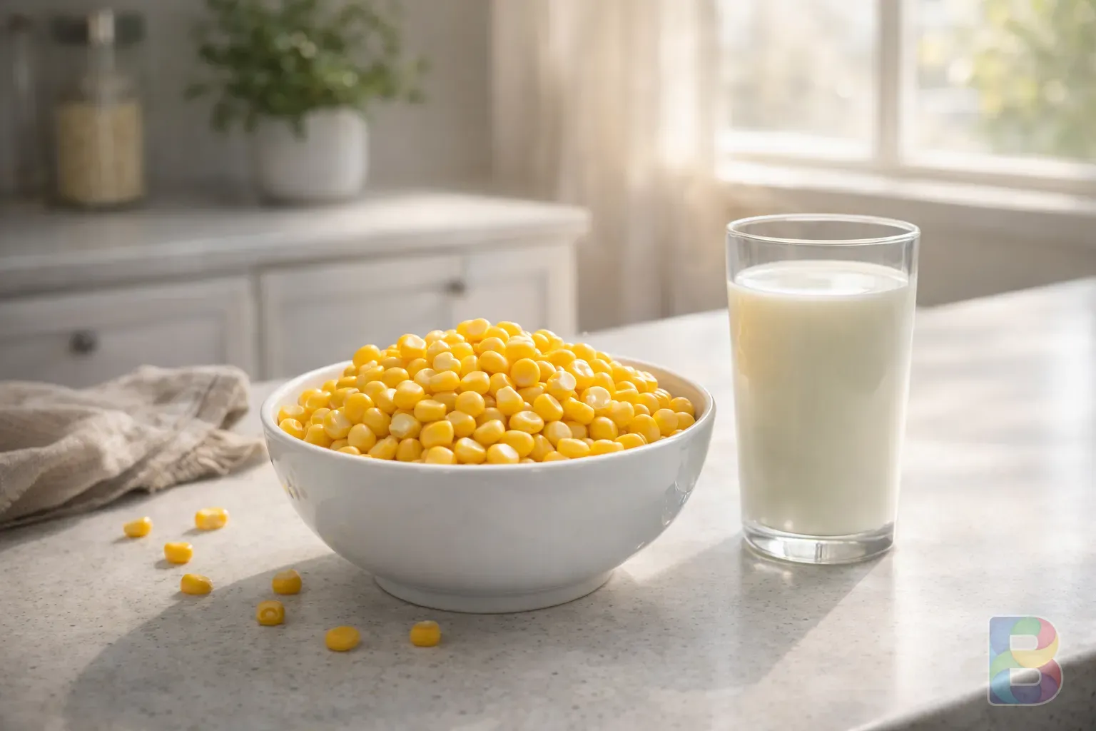 photorealistic, a clean modern kitchen counter with a bowl of corn and a glass of milk, bright natural light, healthy lifestyle vibe
