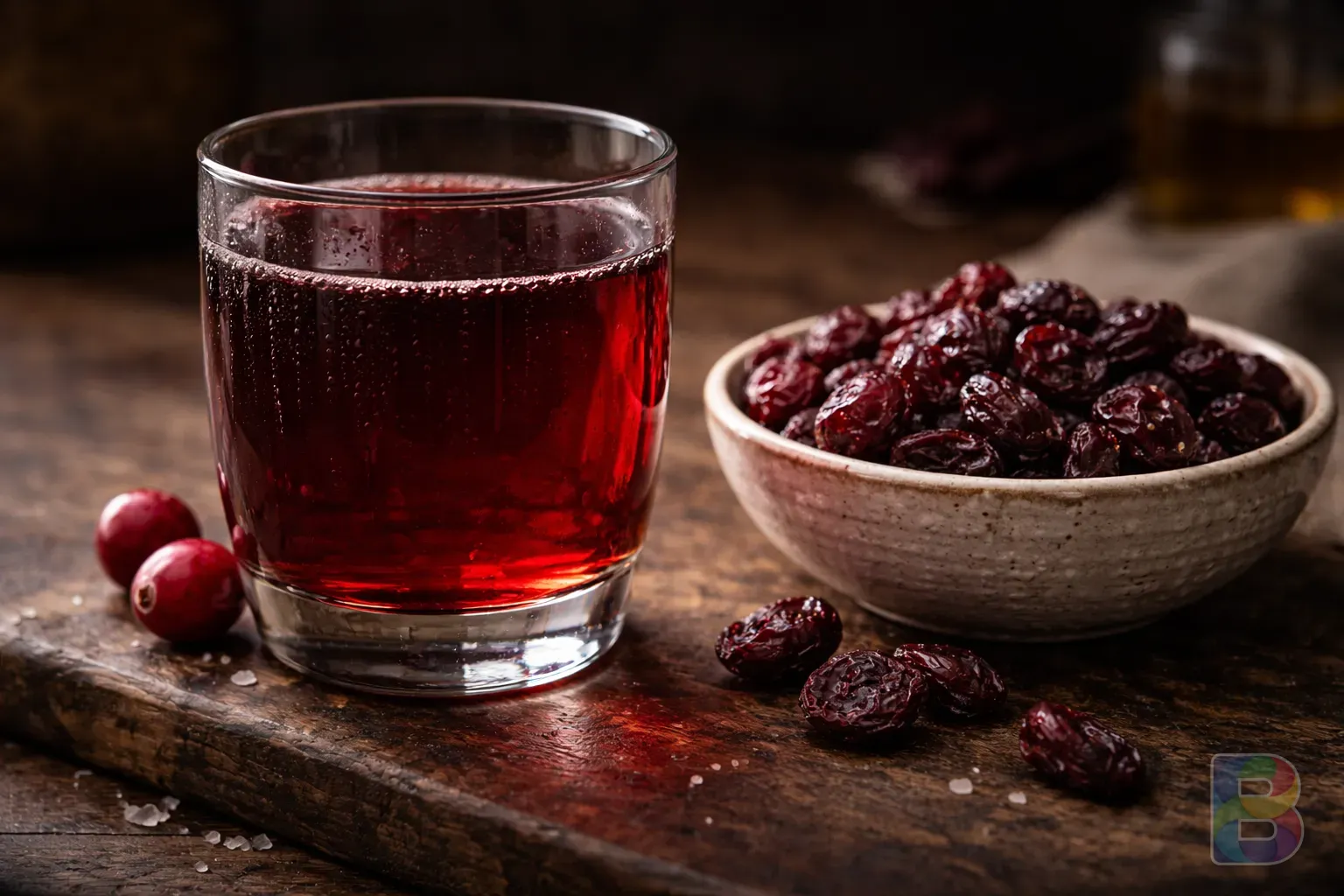 photorealistic, close-up of a glass of deep red cranberry juice next to a bowl of dried cranberries, professional food photography, moody dark background, elegant lighting