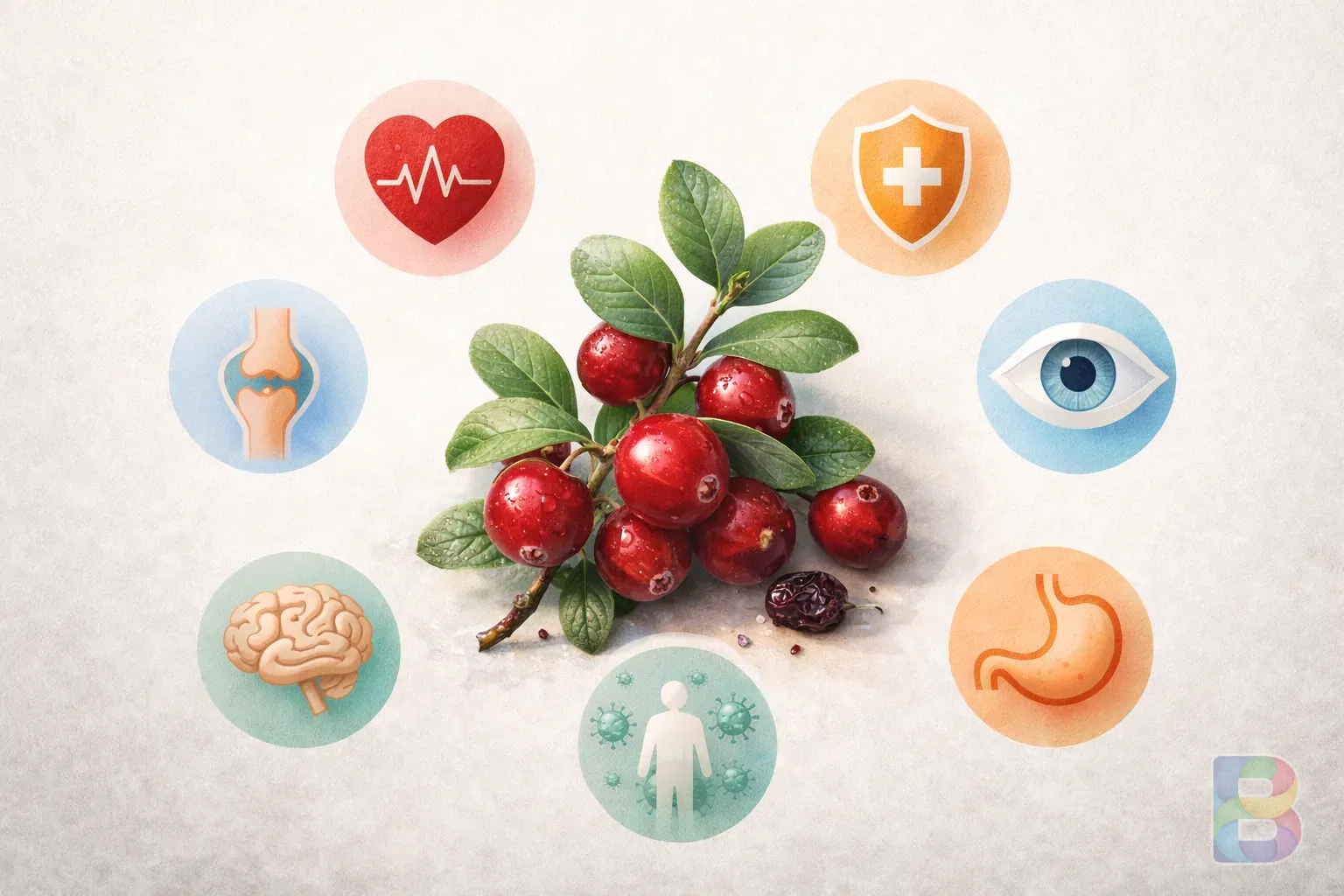 photorealistic, 7 graphic icons representing health benefits like heart, eye, and stomach, arranged artistically around a cranberry branch, clean aesthetic