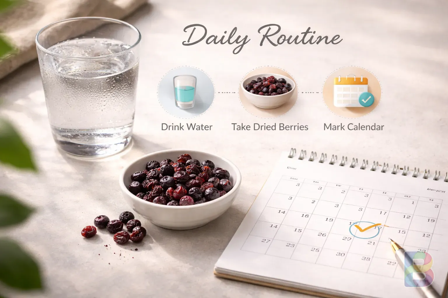 photorealistic, a simple daily routine layout showing a glass of water, a small handful of dried berries, and a calendar, clean and organized, soft natural light