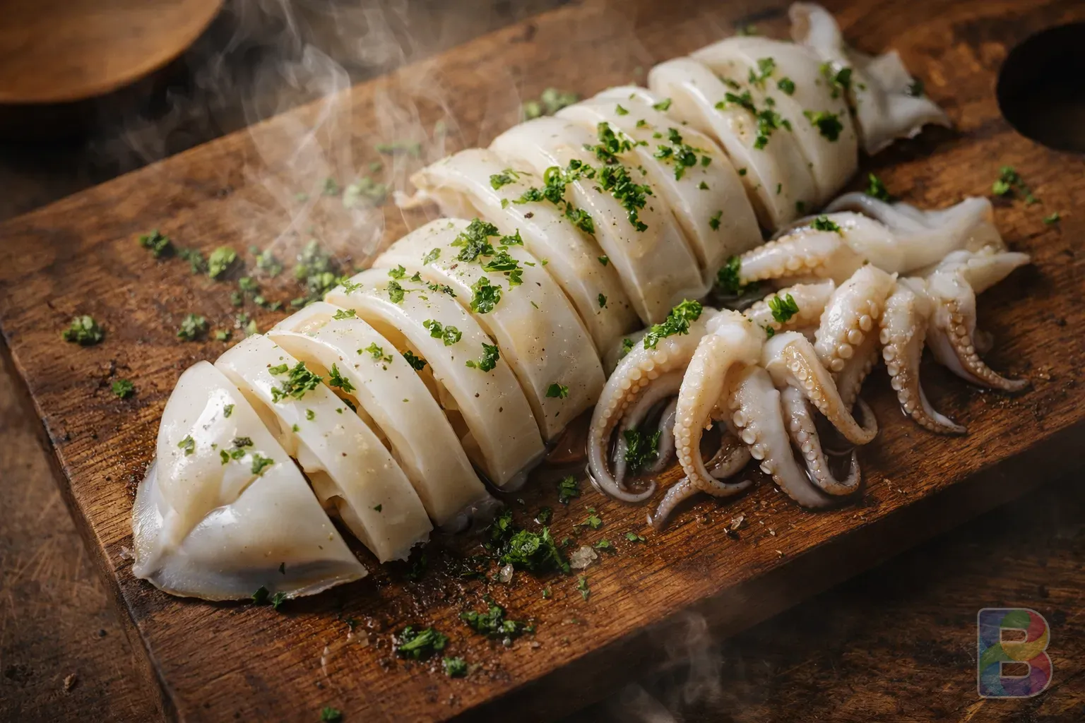 photorealistic, top-down view of sliced blanched cuttlefish on a wooden board, steam rising, garnished with green herbs, high detail, warm natural lighting