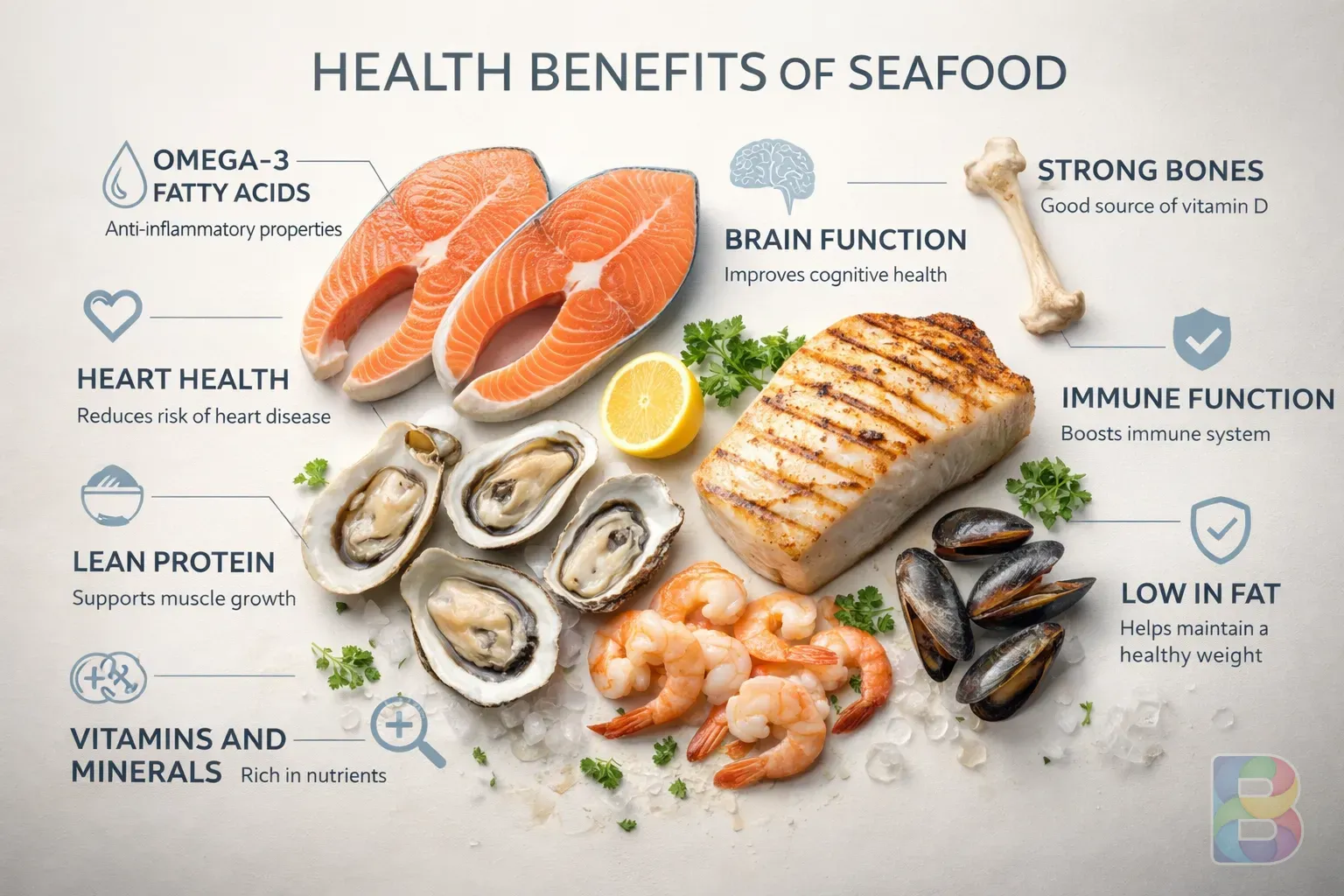 photorealistic, infographic-style shot showing various health benefits of seafood, clean background, soft lighting, scientific yet appetizing mood