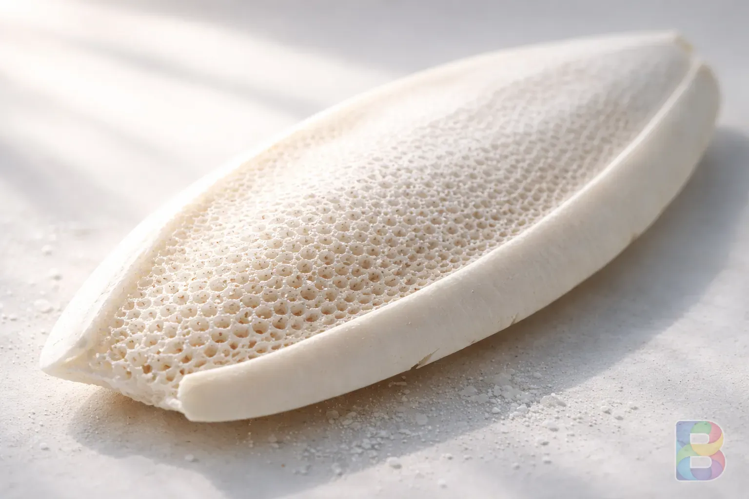 photorealistic, macro shot of a white cuttlebone with its unique porous texture, natural sunlight hitting the surface, clean and clinical look