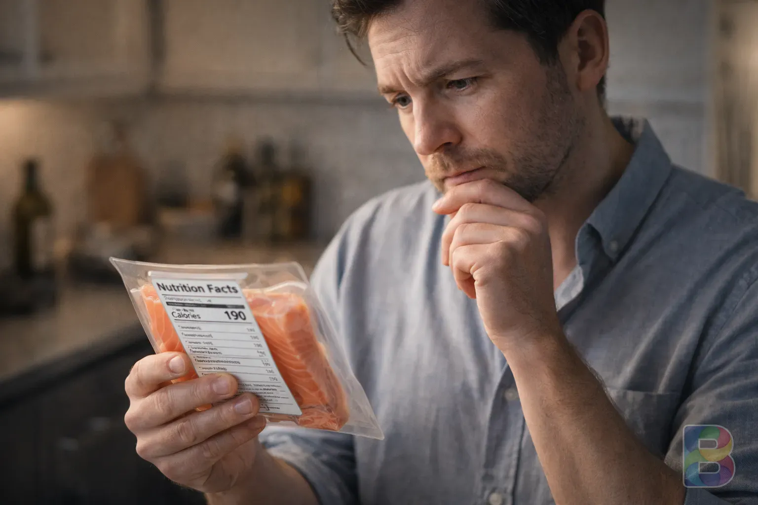 photorealistic, a person looking at a nutrition label on a seafood package, thoughtful expression, kitchen setting, soft lighting
