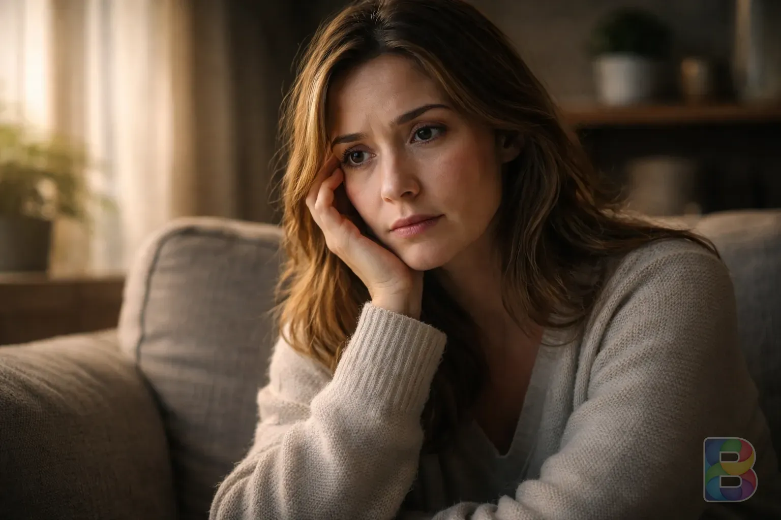 photorealistic, detail shot of a woman looking concerned while sitting on a sofa, soft morning light, high detail, cinematic lighting, empathetic mood
